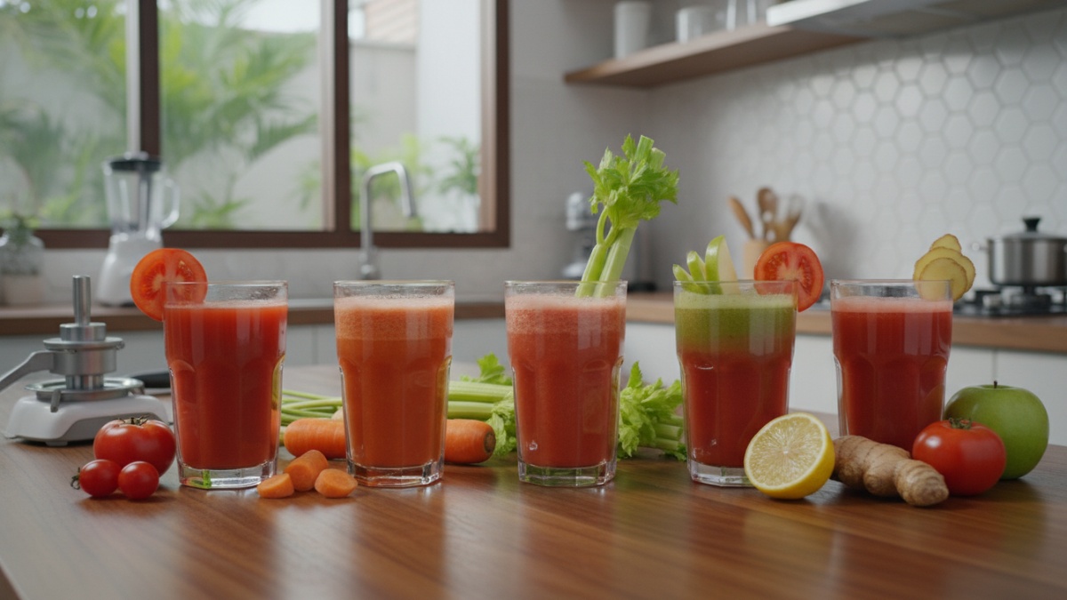 Variasi jus tomat dengan wortel dan apel hijau segar.