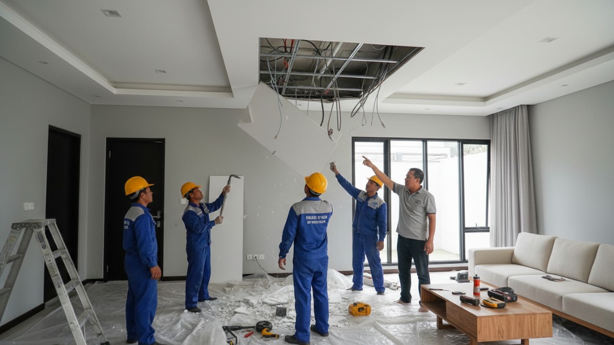 Contoh plafon tanpa akses inspeksi yang harus dibongkar sebagian.
