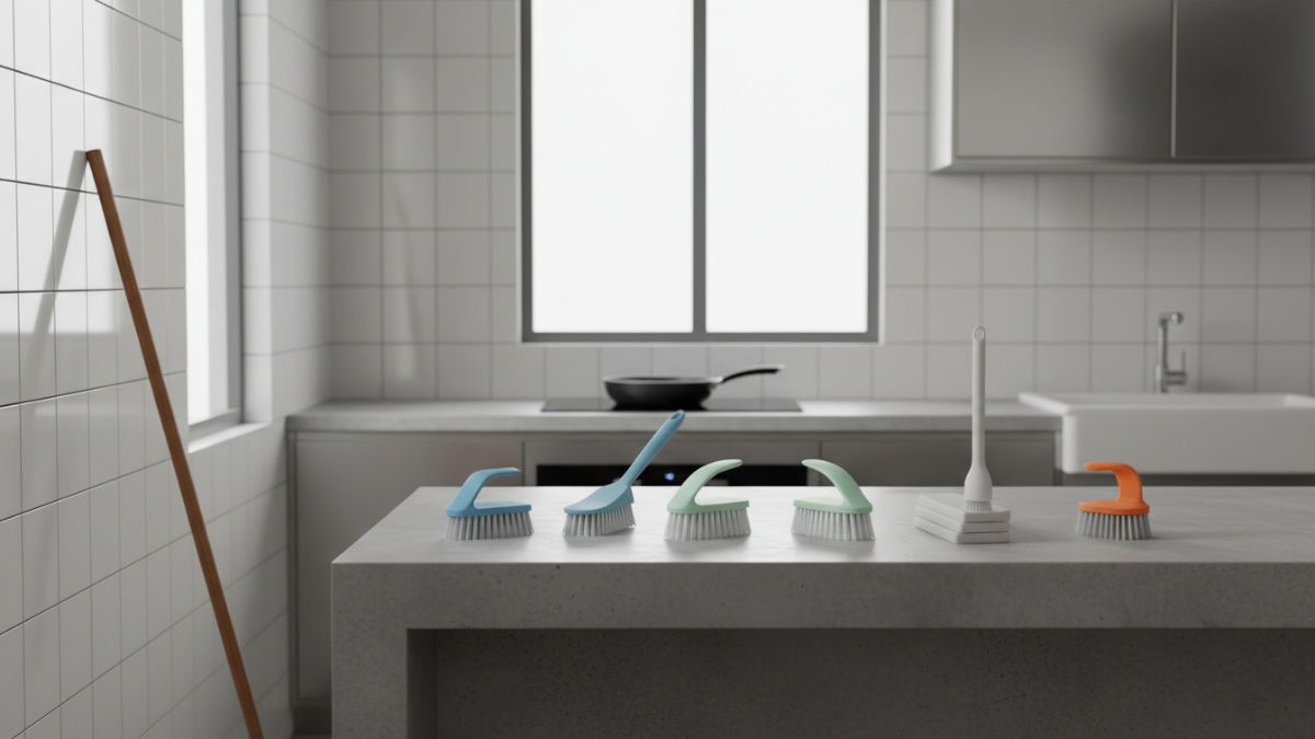 Koleksi tujuh jenis sikat rumah tangga tertata rapi di dapur modern Balikpapan.