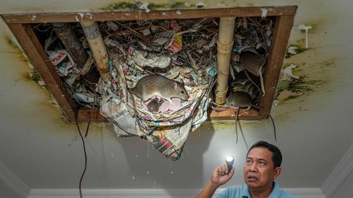 Sarang tikus di ruang plafon rumah lembap.