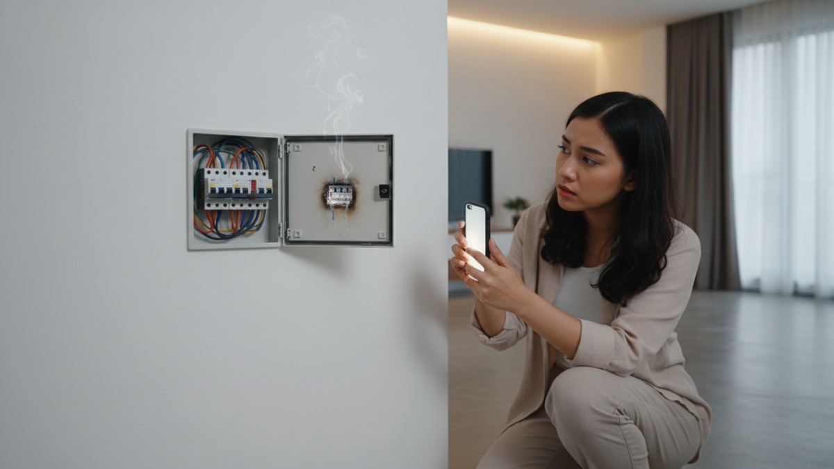 Panel listrik rumah dengan MCB dalam posisi turun akibat korslet. 