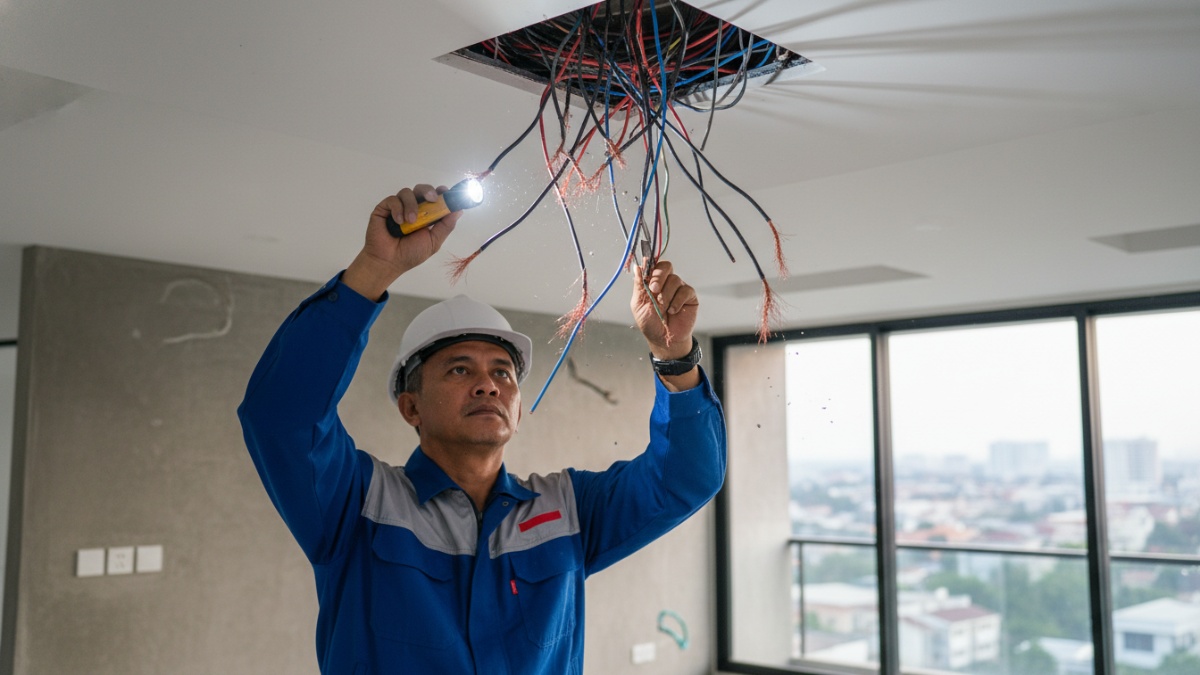 Kabel terkelupas di dalam plafon rumah. 