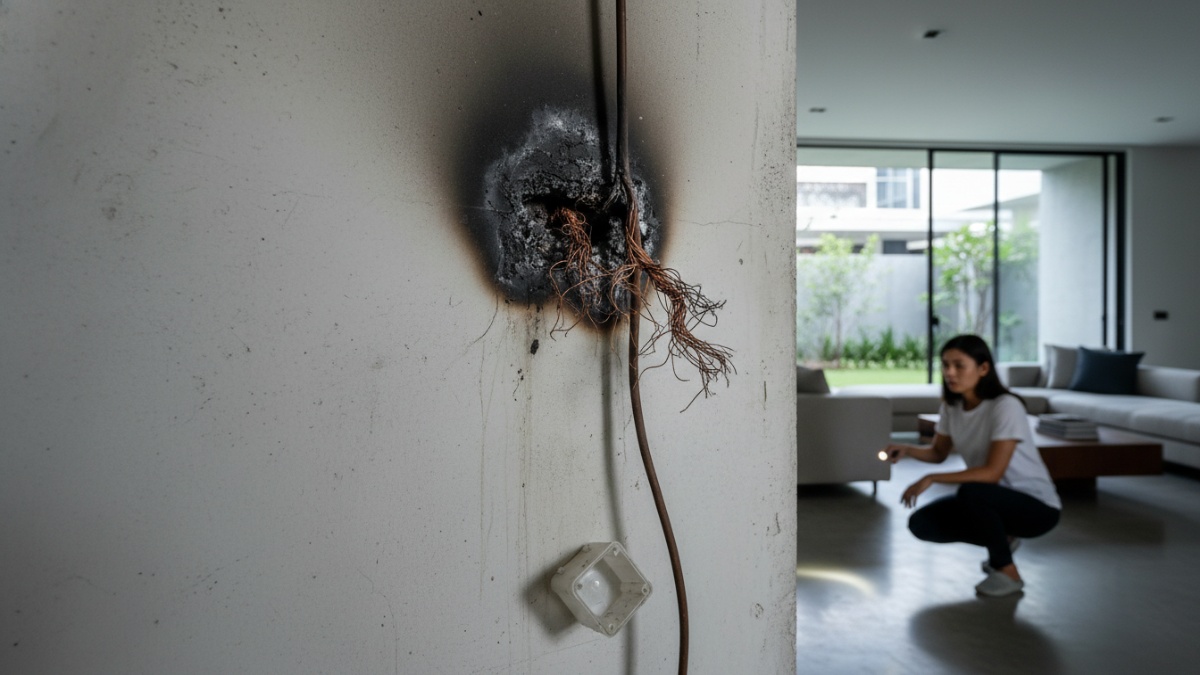 Bekas hangus akibat percikan listrik pada kabel lama. 