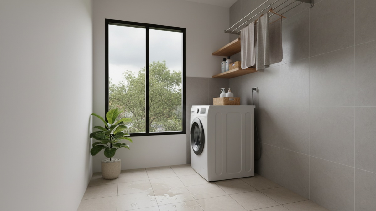 Laundry room minimalis dengan jemuran tarik plafon dan ventilasi alami.