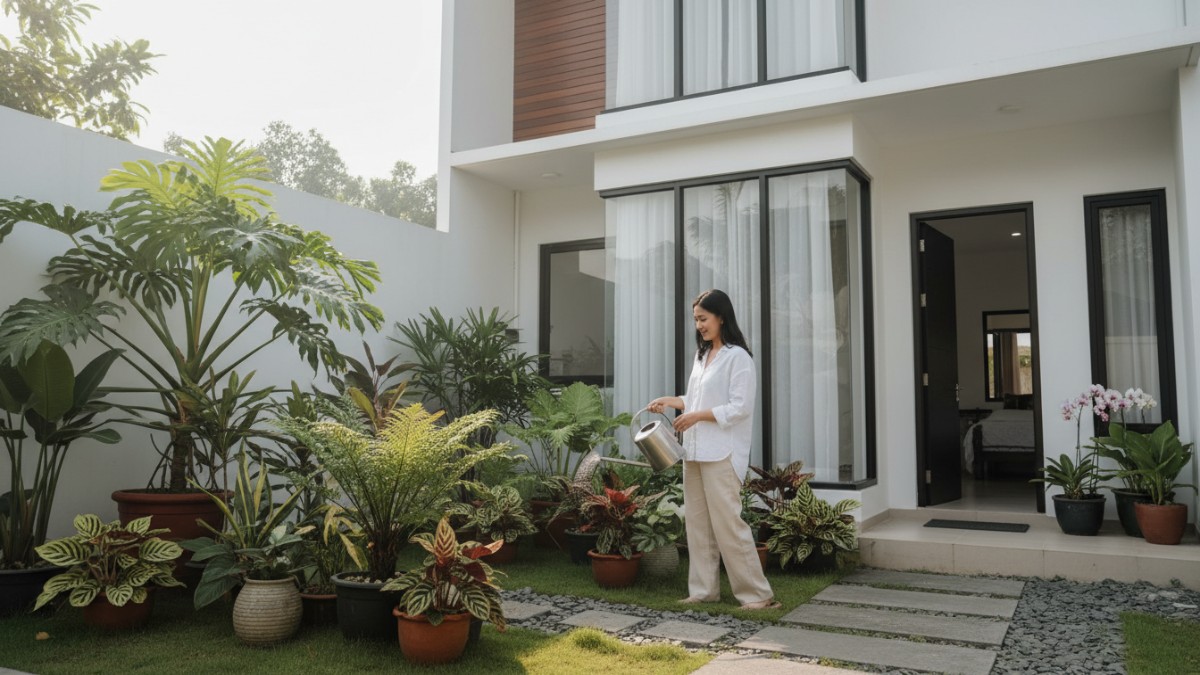 Taman kecil 1 meter di samping rumah dengan tanaman tropis rapi.