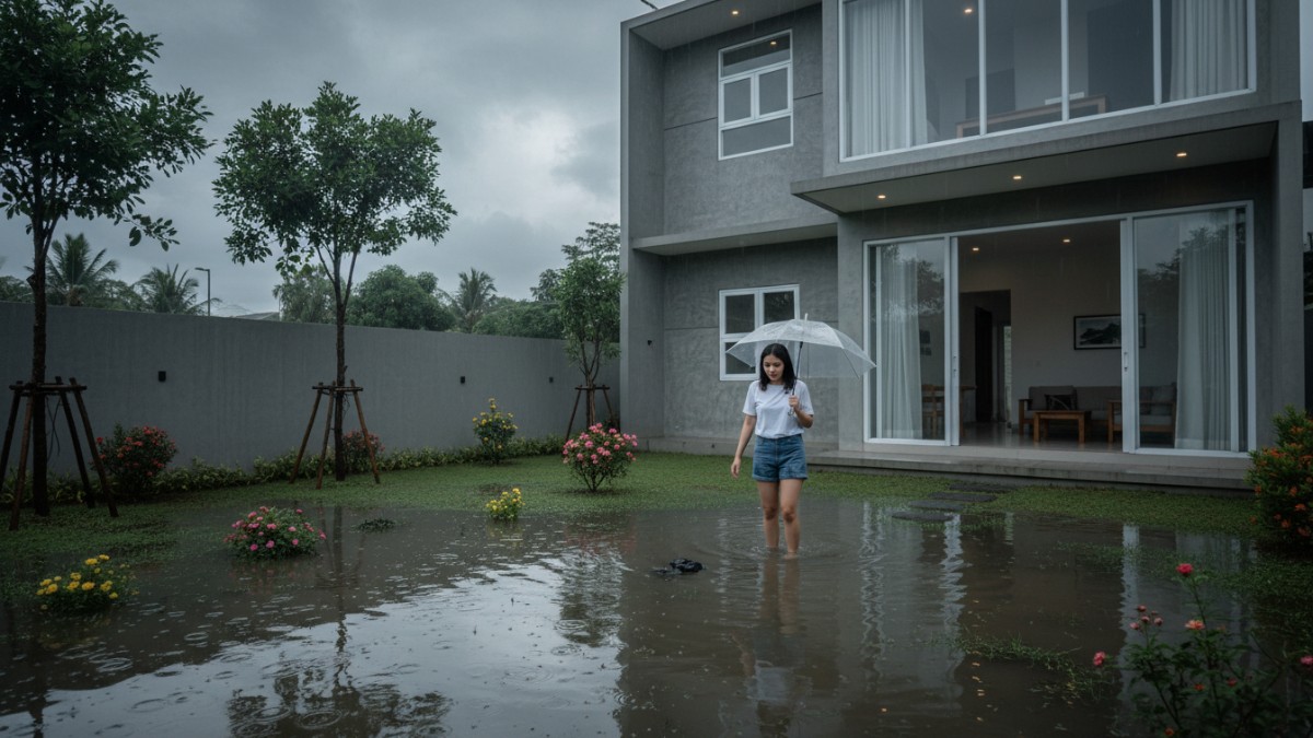 Contoh genangan air di taman tanpa sistem pembuangan.