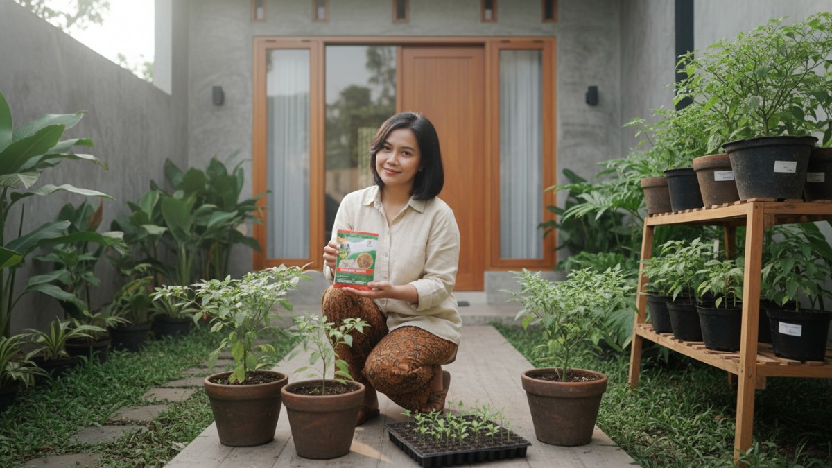 Bibit cabai rawit usia 3 minggu siap pindah tanam dengan media kompos dan sekam.