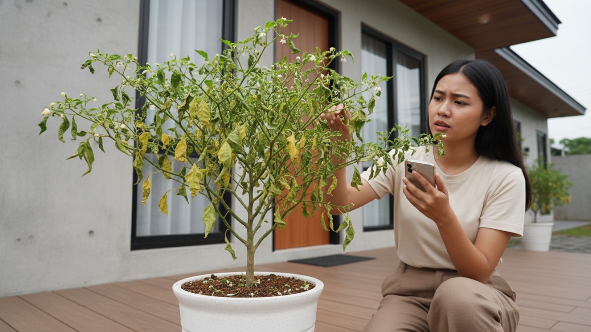 Buah cabai rawit terserang antraknosa dengan bercak hitam.