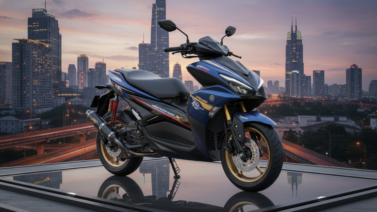 Tampilan grafis baru Aerox Alpha 2026 dengan garis bodi aerodinamis.