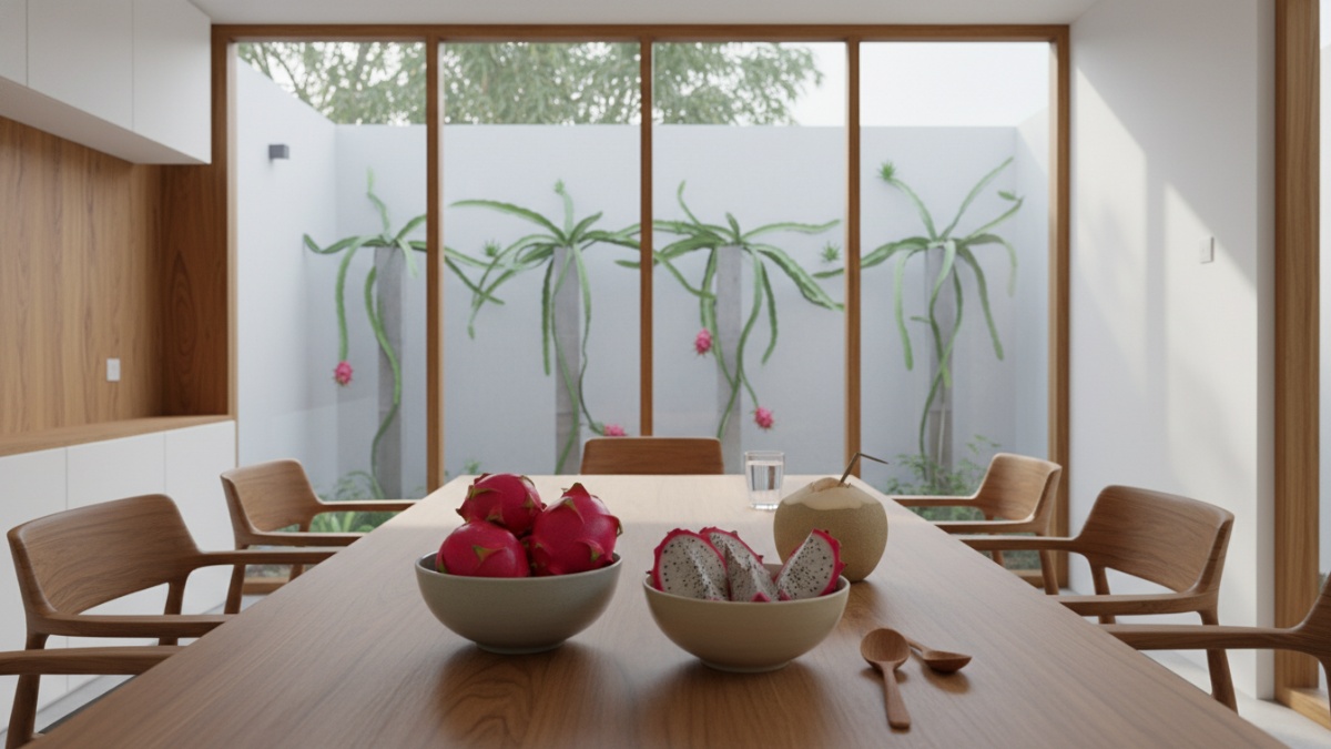Tanaman buah naga merambat di tiang beton dengan buah merah matang di pekarangan rumah.