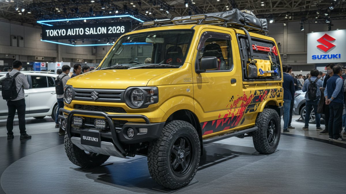 Suzuki Super Carry Mountain Trail Concept warna kuning emas tampil gagah di Tokyo Auto Salon 2026.