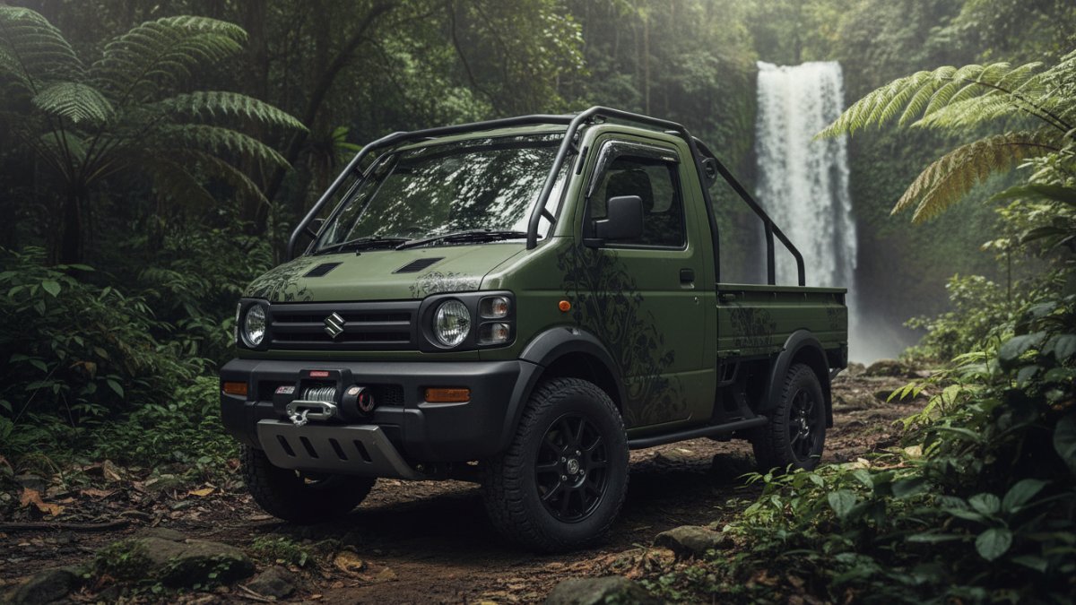 ampilan depan Super Carry Mountain Trail Concept dengan roll cage dan aksen hitam tegas.