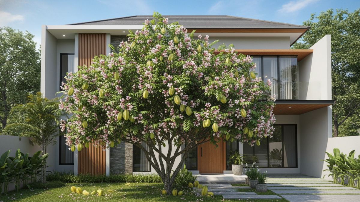 Pohon belimbing di pekarangan rumah dengan buah kuning menggantung.