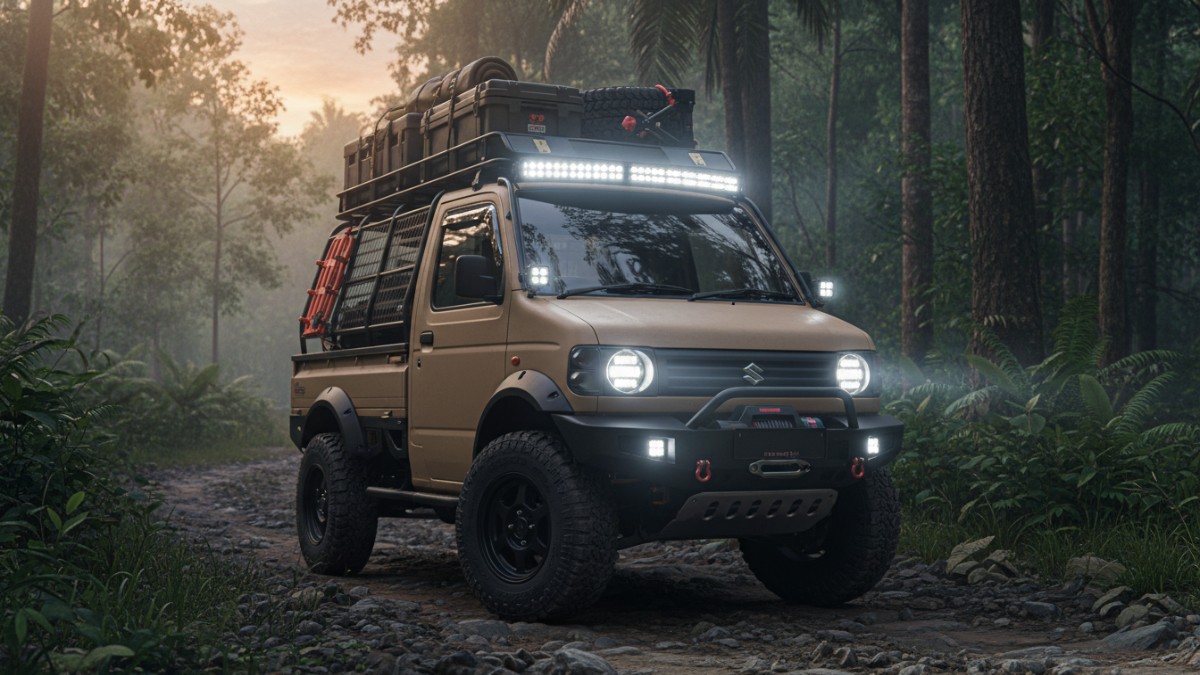 Detail roof rack dan lampu LED yang mendukung eksplorasi malam hari.