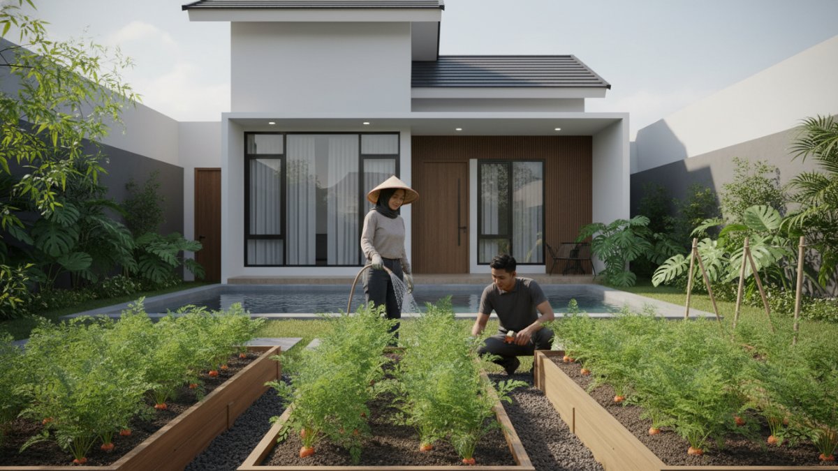Bedengan wortel organik di pekarangan rumah tropis dengan tanah gembur.