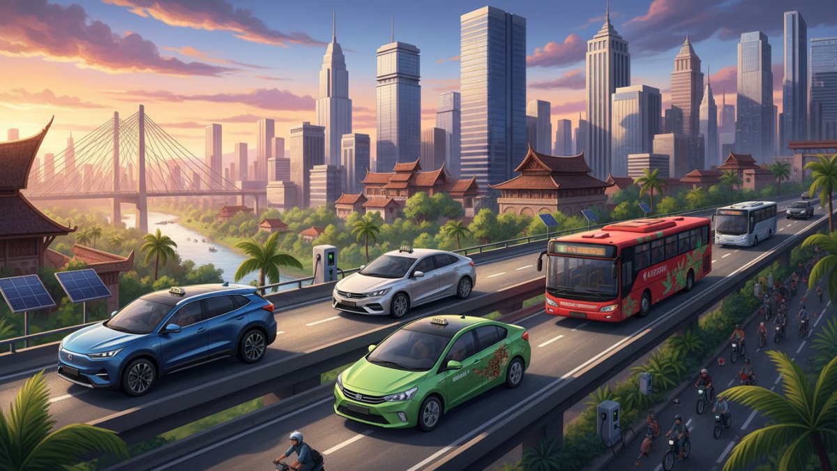 Ilustrasi empat jenis mobil listrik BEV, HEV, PHEV, dan FCEV dalam konteks mobilitas urban Indonesia yang makin berkembang.