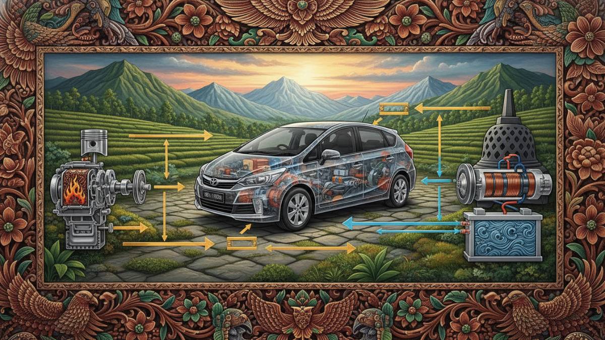 Diagram sistem kerja mobil hybrid yang memadukan mesin bensin dan motor listrik.