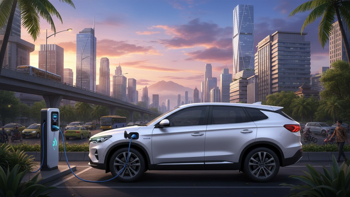  Ilustrasi PHEV sedang diisi daya dengan latar mobilitas perkotaan. 