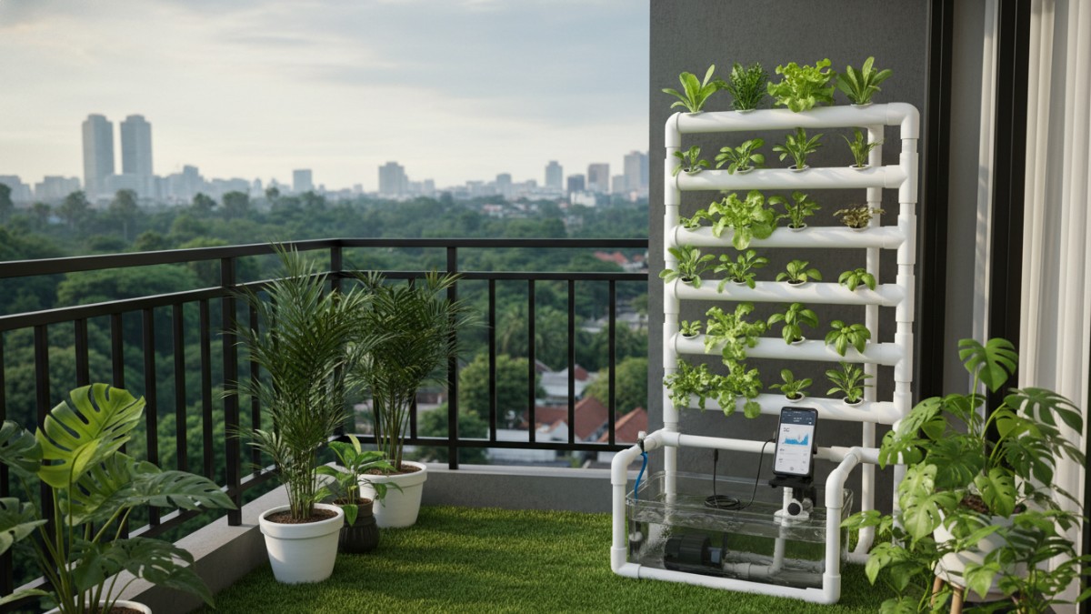 Contoh instalasi smart hydroponics di balkon rumah dengan kontrol pH dan suhu air.