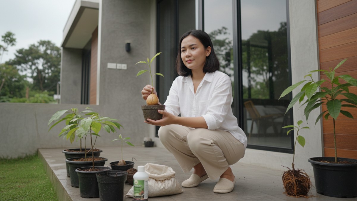 Pohon alpukat dalam pot besar di halaman rumah Balikpapan dengan daun hijau rimbun.