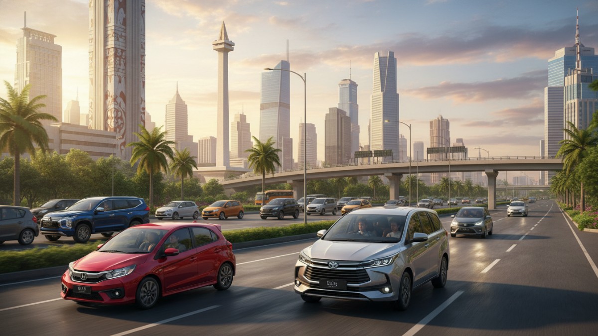 Ilustrasi berbagai jenis mobil di kota besar, menampilkan MPV, hatchback, dan SUV sebagai panduan memilih kendaraan sesuai kebutuhan modern.