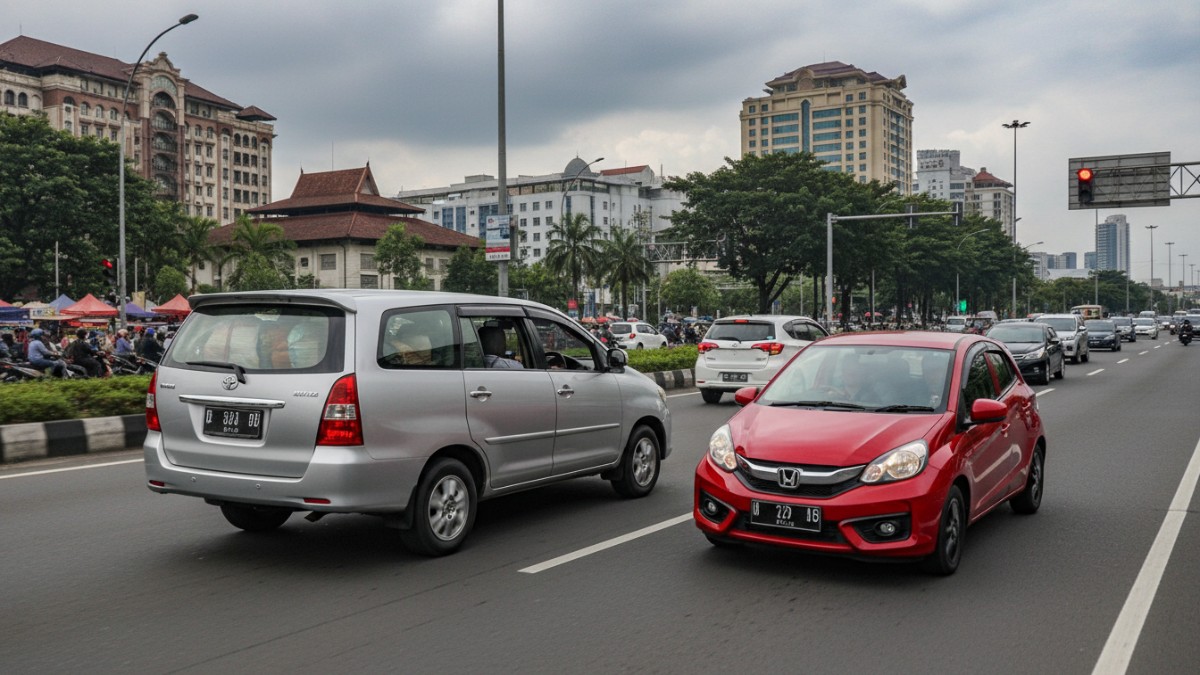 Perbandingan MPV dan hatchback di jalan kota padat, menegaskan fungsi berbeda tiap jenis mobil.