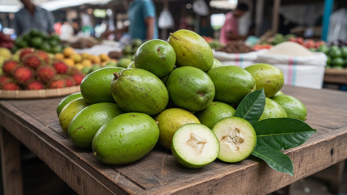 Buah kedondong segar berwarna hijau kekuningan tersusun di meja pasar tradisional Balikpapan.