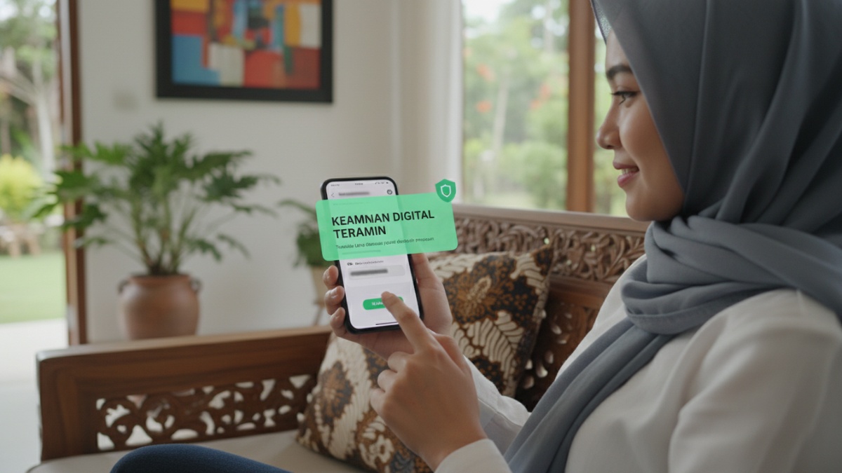Ilustrasi nasabah menggunakan m-Banking di ponsel dengan notifikasi keamanan digital, simbol kewaspadaan transaksi online.