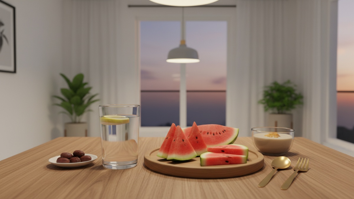 Ilustrasi segelas air putih, buah semangka, kurma saat waktu berbuka, simbol strategi hidrasi Ramadan.