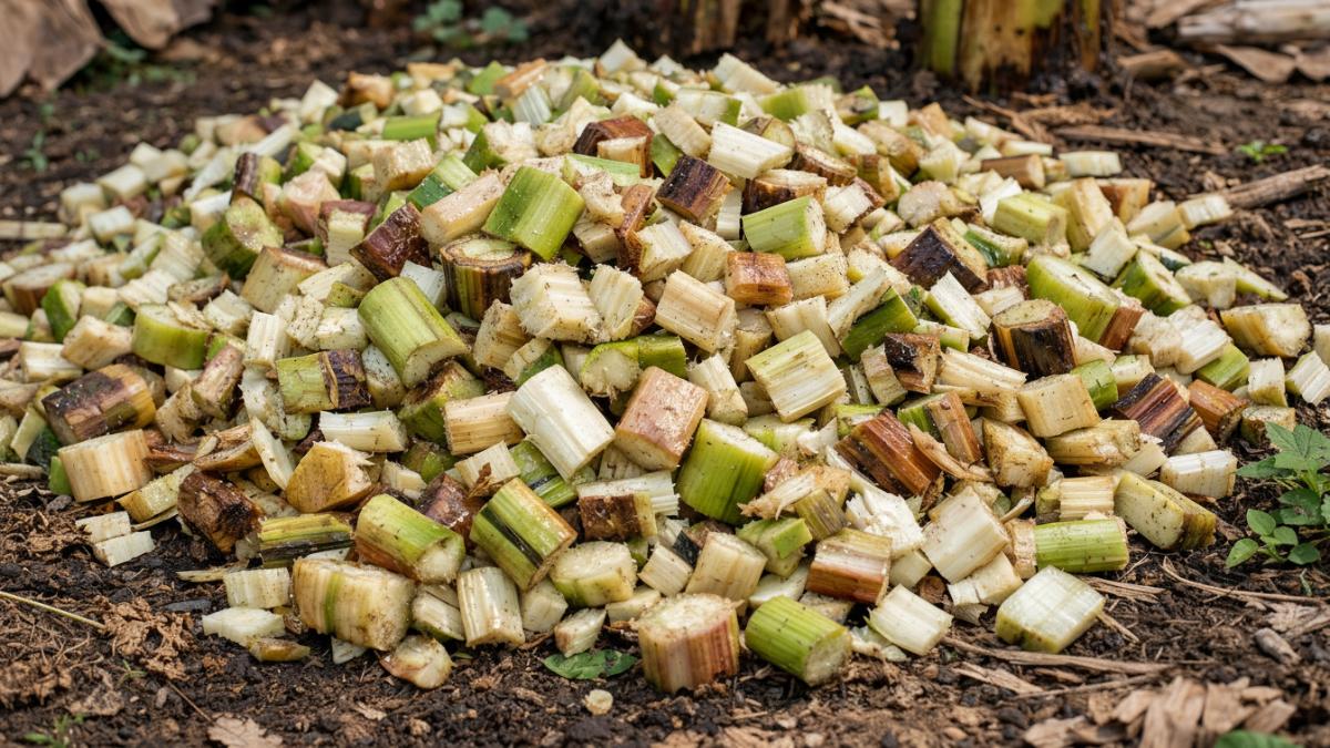 Batang pohon pisang dicacah untuk bahan pupuk alami sederhana.