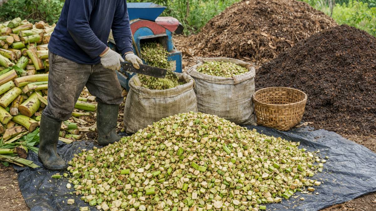 Proses pengolahan bahan organik dari batang pohon pisang.