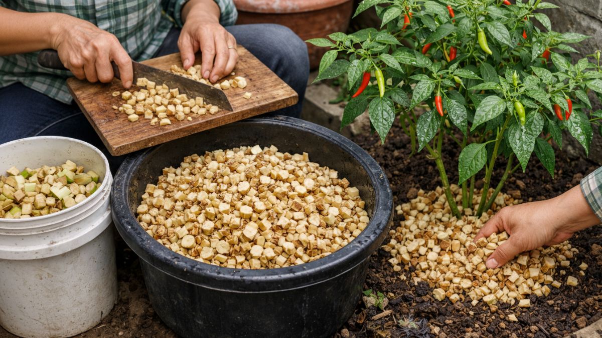 Pemanfaatan batang pohon pisang sebagai pupuk alami di kebun rumah.