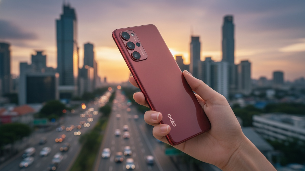 Tampilan bodi ramping Oppo F25 Pro yang ringan digenggam untuk mobilitas tinggi.