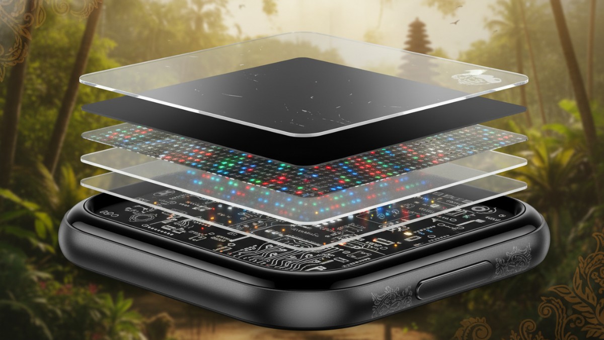 Ilustrasi lapisan AMOLED dan Gorilla Glass pada layar smartwatch.