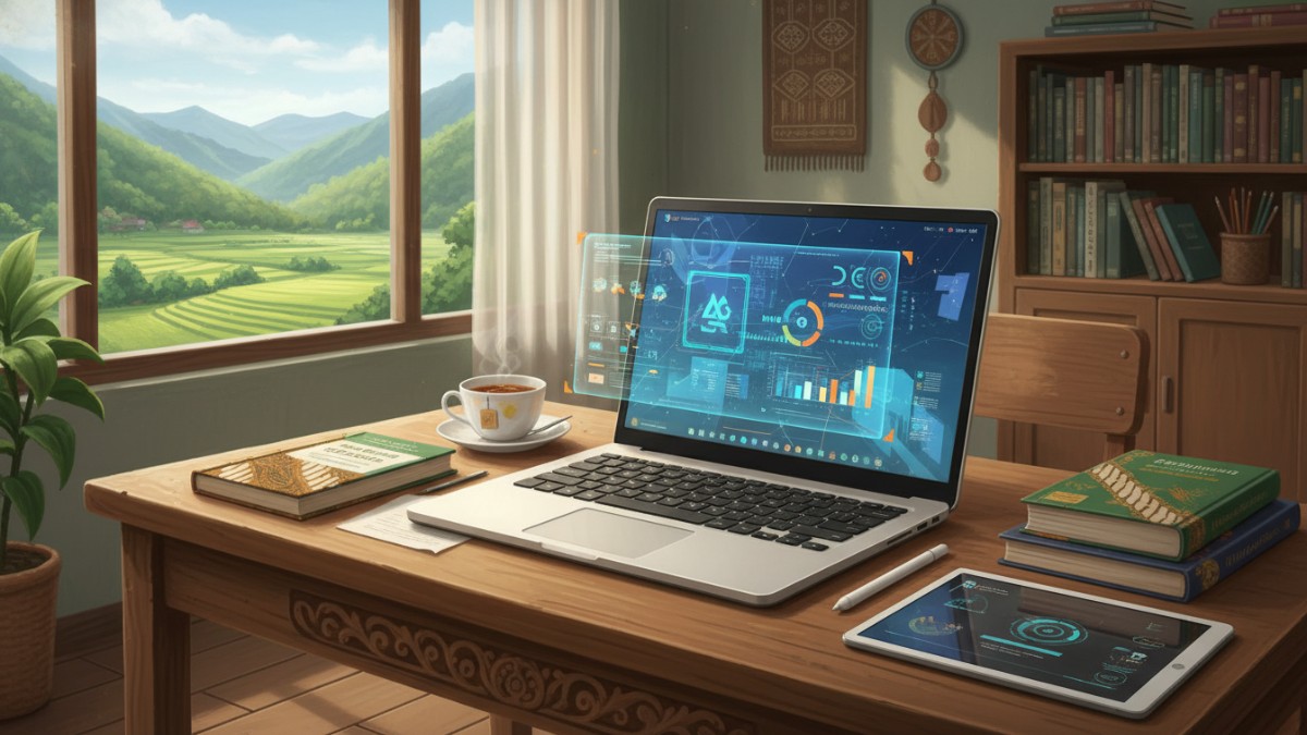 Ilustrasi laptop pelajar 2026 ringan dan tipis di meja belajar dengan buku sekolah, simbol kesiapan kurikulum digital.