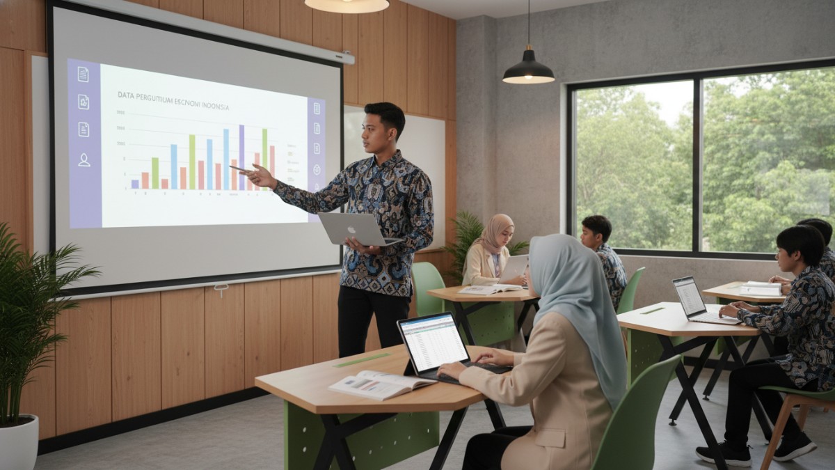 Siswa menggunakan laptop untuk presentasi dan dokumen digital di ruang kelas modern.