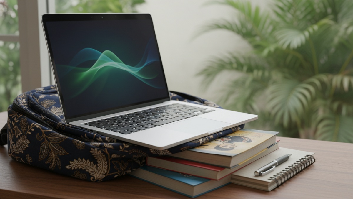 Laptop 14 inci Full HD ringan diletakkan di tas sekolah bersama buku.