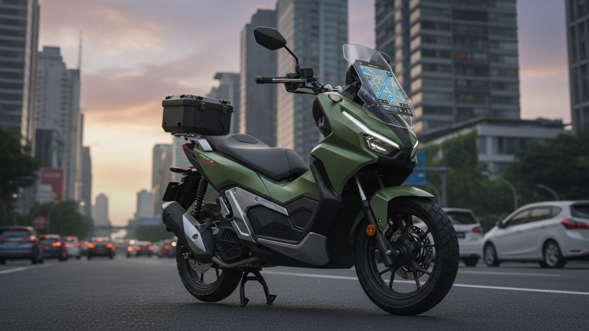 Honda ADV160 RoadSync 2026 dengan layar TFT aktif menampilkan navigasi modern, solusi mobilitas urban yang praktis dan informatif.