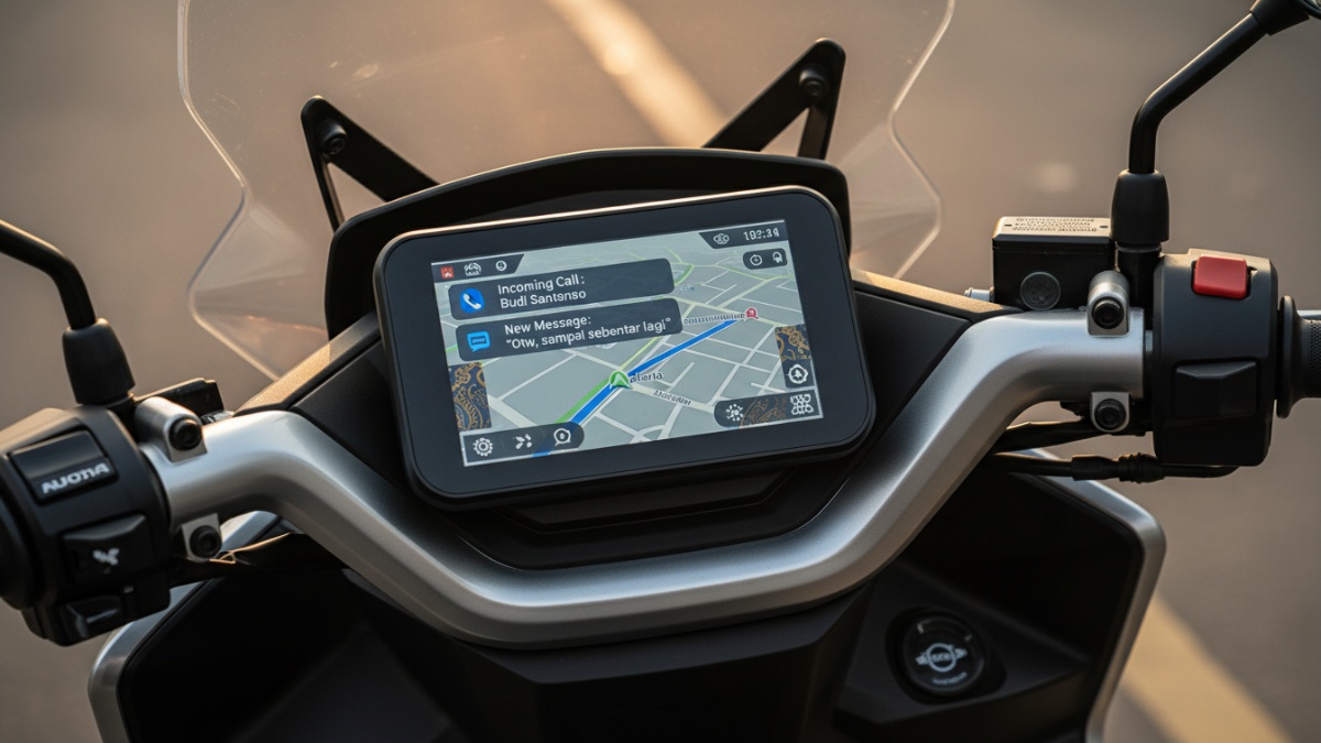 Tampilan layar TFT Honda ADV160 RoadSync menampilkan navigasi dan notifikasi terintegrasi.