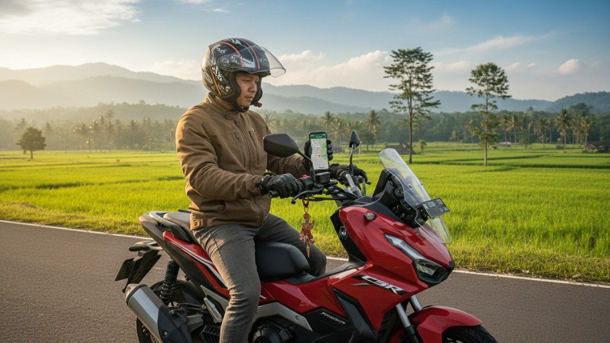 Pengendara mengatur navigasi Honda ADV160 RoadSync sebelum perjalanan dimulai.