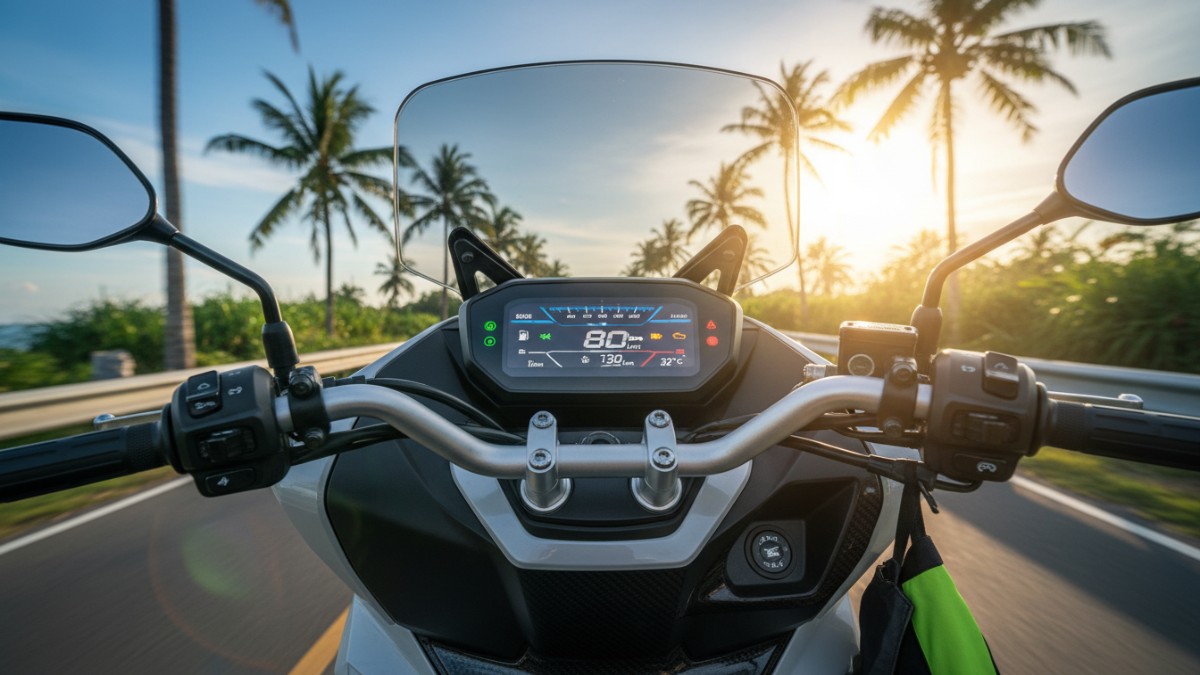 Panel TFT Honda ADV160 terlihat jelas di bawah sinar matahari tropis.