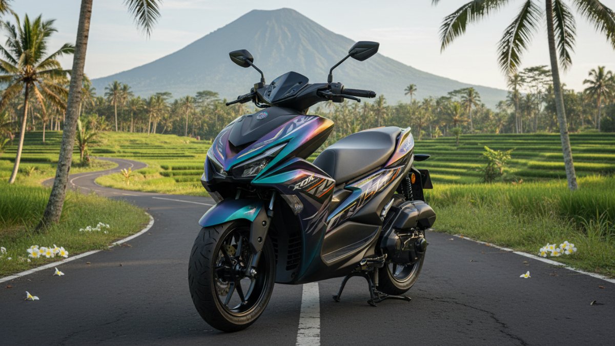 Yamaha Aerox Alpha 2026 dengan 6 warna bunglon dan grafis baru tampil sporty di bawah cahaya alami.