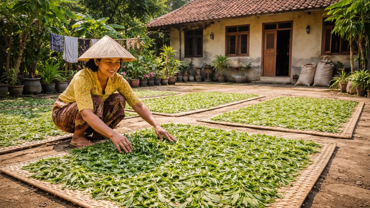 Proses penjemuran daun singkong di halaman rumah.