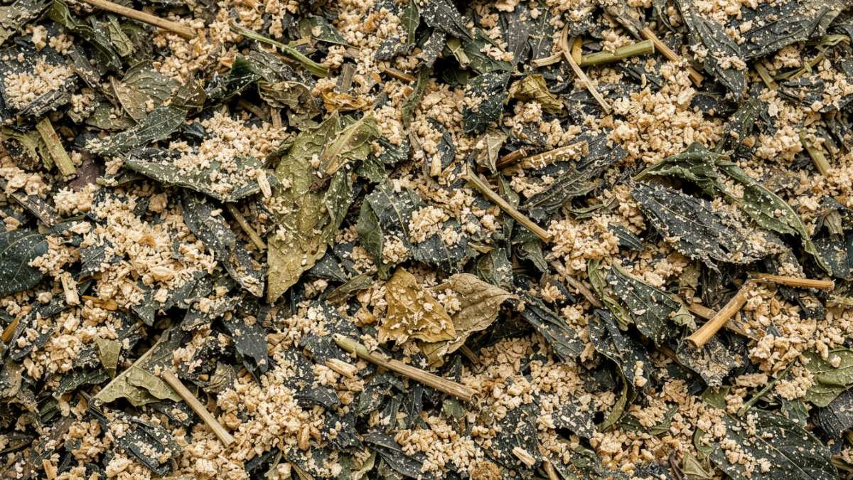 Daun singkong kering dicampur dedak.