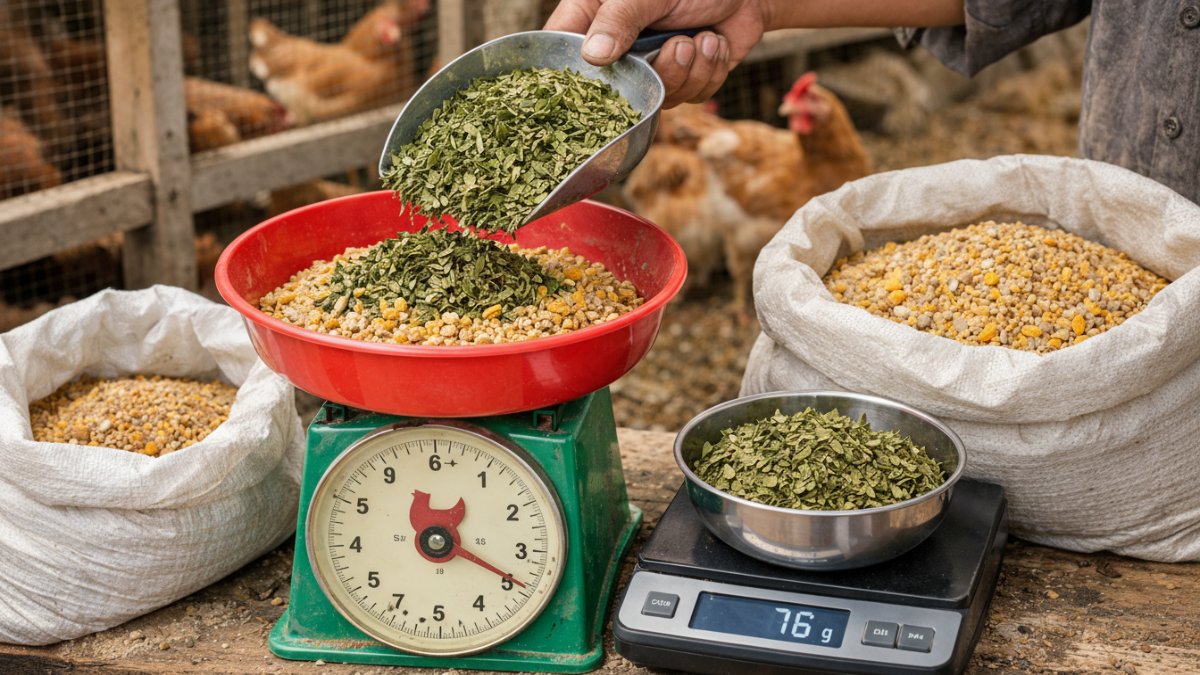Penimbangan pakan ayam dengan campuran daun singkong.