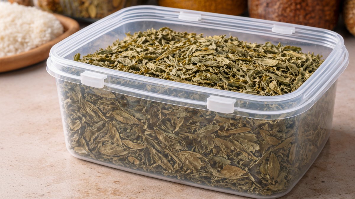 Penyimpanan daun singkong kering di wadah tertutup.