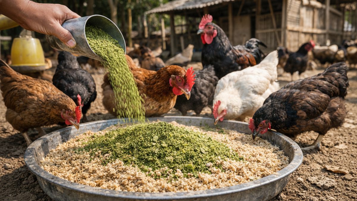 Ayam kampung diberi pakan campuran daun singkong.