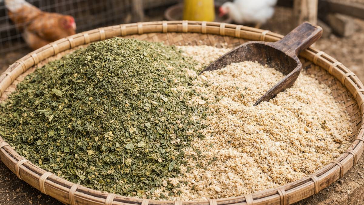 Daun singkong kering siap dicampur pakan ayam di peternakan rumahan.