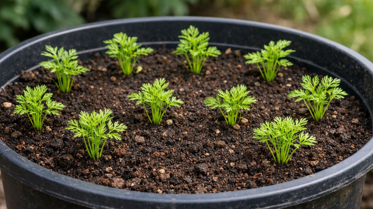 Bibit wortel tumbuh rapat dalam pot sebelum penjarangan.