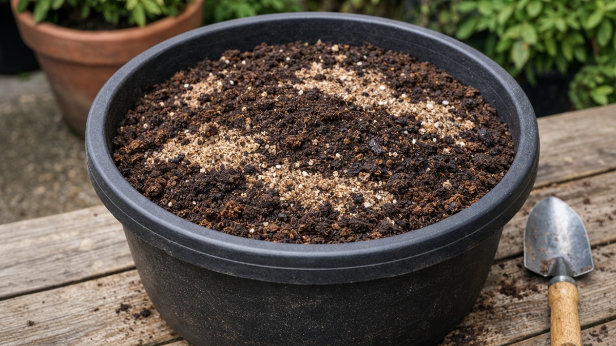 Pot dalam dengan campuran tanah, kompos, dan pasir.